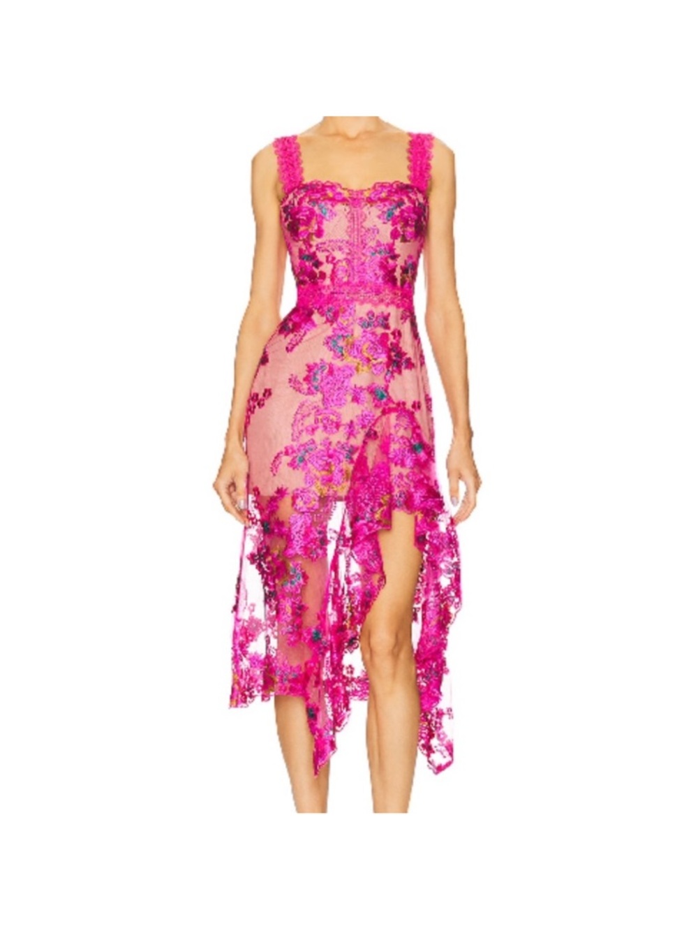 Bronx and Banco Hot Pink Floral Lace Overlay Dress